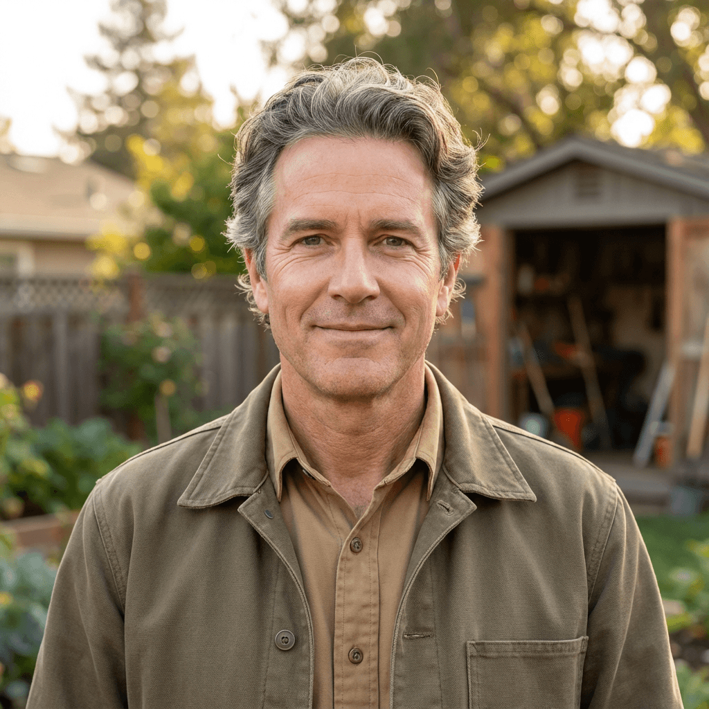 Male homeowner in his early 40s, White, friendly and relieved expression, standing in front of a house with a new roof
