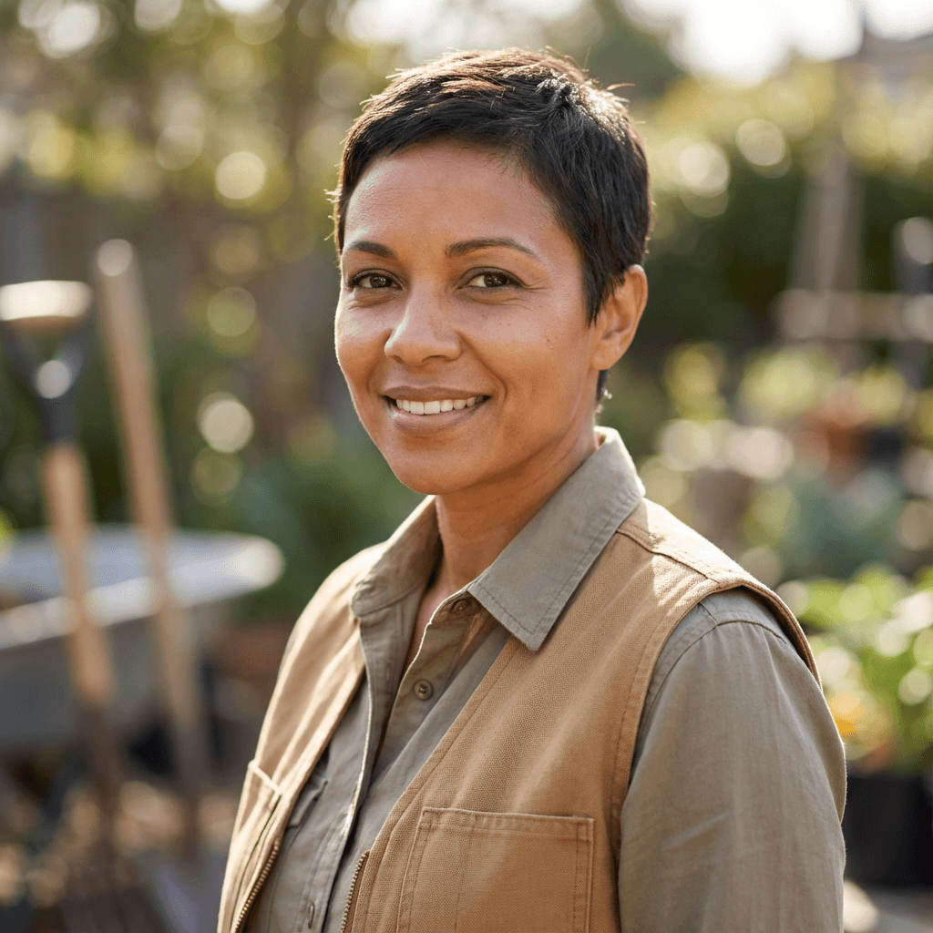 Sarah Mitchell in a casual sweater, smiling in her backyard