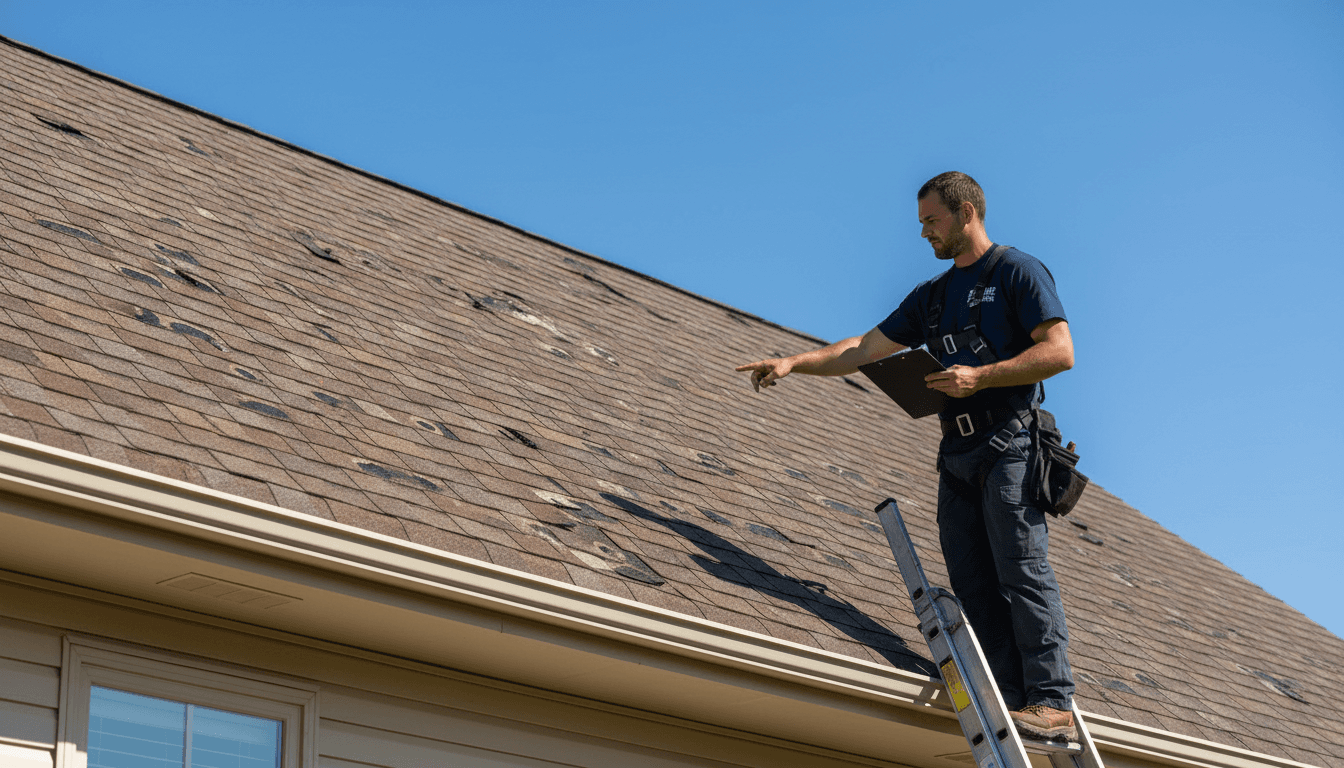 Roofing contractor inspecting hail damage on a residential roof