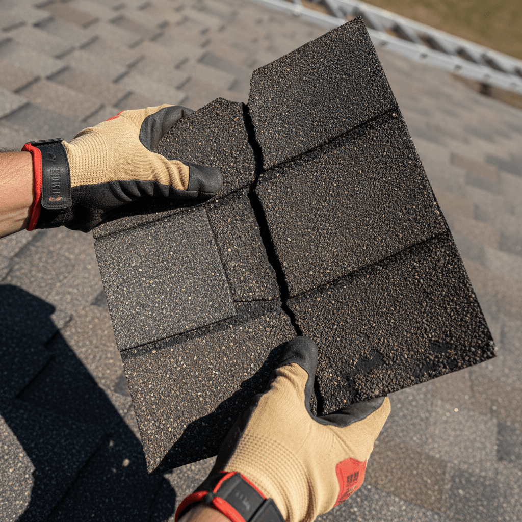 Roofing contractor inspecting hail-damaged asphalt shingles on a Kansas City home