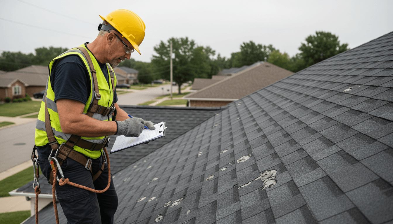 Roofing contractor inspecting hail damage on a residential roof in Kansas City
